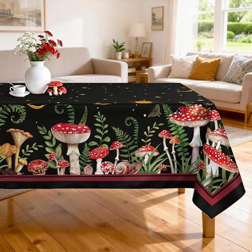 Boho Mushroom Polyester Tablecloth, Black, 60 x 120 Inch | Washable Reusable Water Resistant Table Cloth with Vintage Mushroom Print for Everyday Dining, Party, Decor - color: Black, size: 120" x 60" (Rectangular)