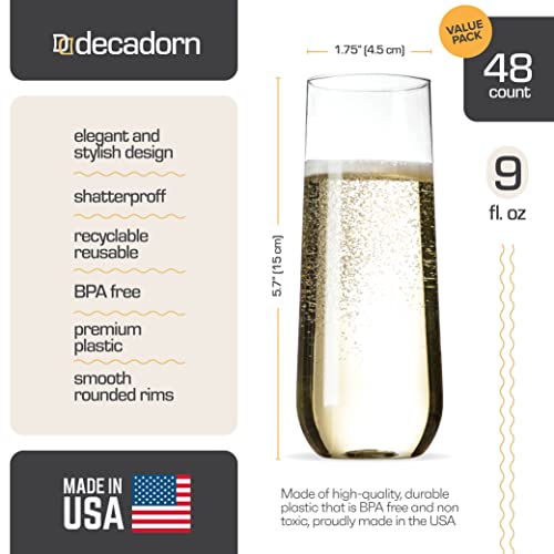 DECADORN Stemless Plastic Champagne Flutes, 48 Pack, 9 oz, Made in USA | Clear BPA-Free Glasses with Smooth Rims, Shatterproof & Recyclable, Durable Mimosa Glasses for Parties & Events - size: 48 Pack