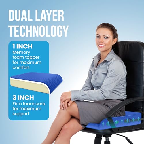 Extra Large Memory Foam Seat Cushion - Wheelchair Cushion Pad, Anti-Slip, Removable Strap, Coccyx Pain Relief, 19” X 17” X 3” (Blue) - color: Blue