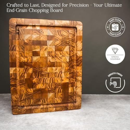 Premium End Grain Wood Cutting Board 16x12 – Large Reversible Butcher Block with Juice Groove, Side Handles, Smooth Corners, christmas,new year, thanksgiving