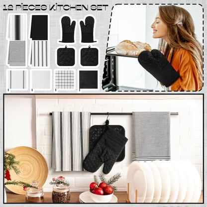 LemonRoad 12 Pcs Oven Mitts Kitchen Towels Dishcloths with Pot Holders Sets Dish Towels Sets Oven Gloves Heat-Resistant Pot Pads with Silicone for Kitchen Cooking Baking(Black) - color: Black