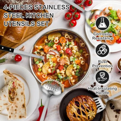 Pleafind 4-Pcs Cooking Utensils Set, Stainless Steel Kitchen Utensils, Mirror Polished Kitchen Essentials Set Include Wok Ladle, Slotted Spoon, Wok Spatula ＆Slotted Spatula, Dishwasher Safe - color: 4P-Grey