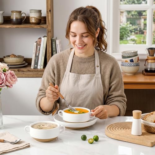 HASENSE Ceramic Soup Bowls with Handles Set of 2, 20 Oz French Onion Soup Crocks, Stackable Serving Bowls for Chili, Stew, Cereal & Pasta, Microwave Dishwasher Safe, White - color: White, size: Set of 2