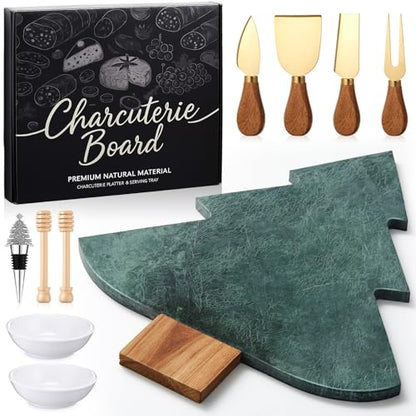 10 Pcs Christmas Tree Charcuterie Board Gift Set Kitchen Utensils Gifts | Include Marble Wood Cutting Serving Tray, Cheese Knives Fork, Honey Stick, Wine Stopper and Dish, Xmas Holiday Party Favor