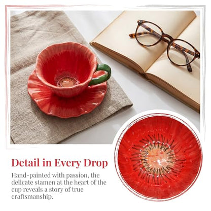 10 oz Tea Cups and Saucers, Hand-Painted Ceramic Flower-Shaped Coffee Cup | Saucer Set, Microwave & Dishwasher Safe, Elegant Floral Cup Set Gift for Women - color: Red