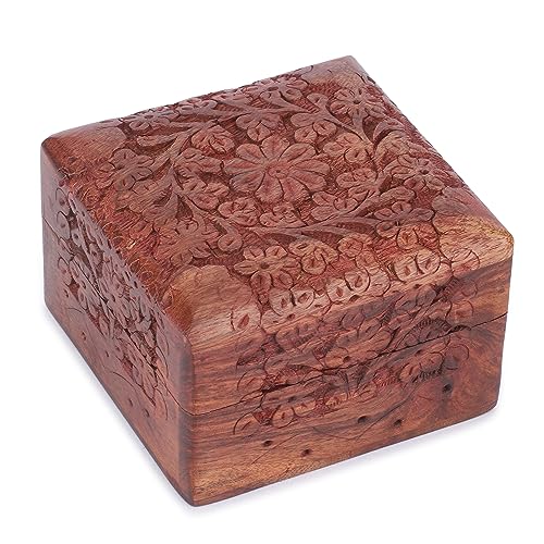 Ajuny Wooden Hand Carved Jewelry Box Keepsake Treasure Chest Organizer | Decorative Wood Trinket Holder for Jewelry Keepsakes and Small Accessories Handcrafted Gift for Men Women and Travelers