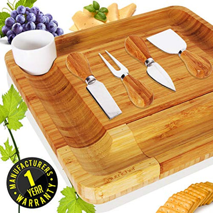 NutriChef Bamboo Cheese Cutting Board Set - Flat Wood Rectangle Serving Platter Plate Kit for Fruit and Meat w/Closing Drawer Tray, 4 Stainless Steel Knives, Bonus Condiment Cup - NutriChef AZPKCZBD10
