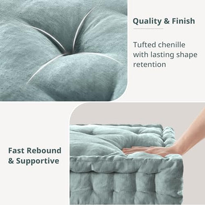 Intelligent Design Floor Pillow Large Meditation Cushion, 20x20 Aqua | Sitting for Adults Yoga, Shredded Foam Filled, Chenille Tufted Cover, Handsewn Scalloped Edge, OEKO-TEX Certified - color: Aqua