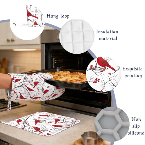 Cardinal Birds Pot Holders and Oven Mitts Set Silicone Bird Red Berry Kitchen Gloves Potholders Heat Resistant Washable,Chef Cooking Baking Gifts for Women Men Bakers Lover Cooks - color: Cardinal Birds,bird Red Berry