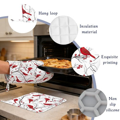 Cardinal Birds Pot Holders and Oven Mitts Set Silicone Bird Red Berry Kitchen Gloves Potholders Heat Resistant Washable,Chef Cooking Baking Gifts for Women Men Bakers Lover Cooks - color: Cardinal Birds,bird Red Berry