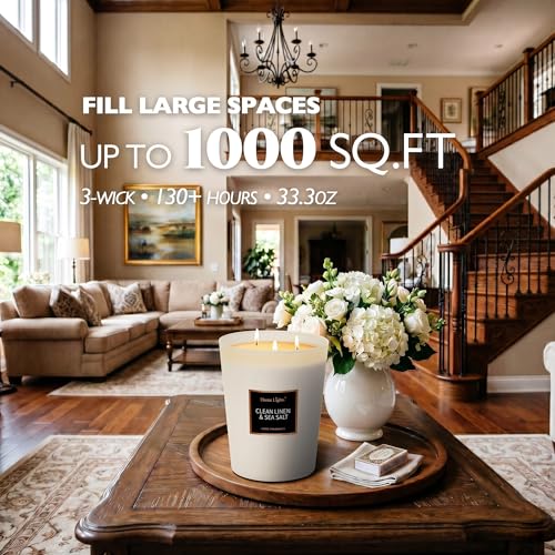 HomeLights Scented Candles - Large Jar Aromatherapy, Natural Soy Wax, 130 Hour Long Burning, Clean Linen & Sea Salt - color: Clean Linen & Sea Salt
