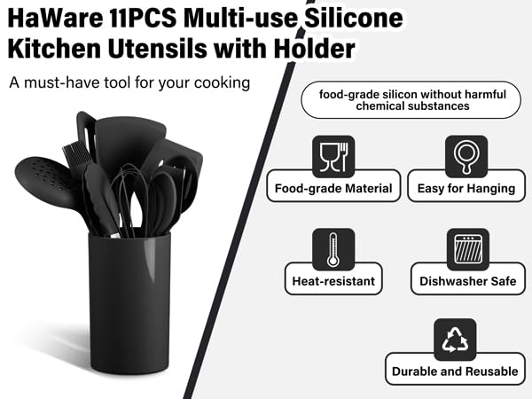 HaWare 11 PCS Silicone Cooking Utensils Set, Black | Heat Resistant, Kitchen Utensils with Holder, Food-grade Spatula Sets for Nonstick Cookware, Include Fish Turner, Spoon - color: Black