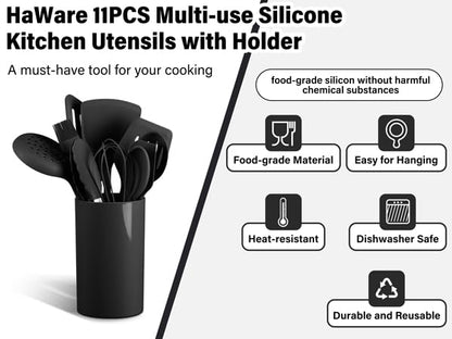 HaWare 11 PCS Silicone Cooking Utensils Set, Black | Heat Resistant, Kitchen Utensils with Holder, Food-grade Spatula Sets for Nonstick Cookware, Include Fish Turner, Spoon - color: Black