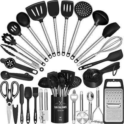 Umite Chef Thickened Kitchen Utensils Set- Silicone Cooking Utensils Set for Nonstick Cookware-Silicone Spatulas Set, Heavy Duty Stainless Steel Handle-Black Kitchen Gadgets Tools Set - color: Black