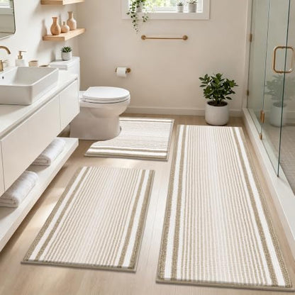 HEBE Chenille Bathroom Rugs Sets 3 Piece, Non Slip Washable Bath Mats Set | Absorbent Bathroom Mat Set, Soft Bath Rugs, Ultra Plush Bath Mat and U-Shaped Contour Toilet Rug Set for Tub Shower, Beige - color: Beige