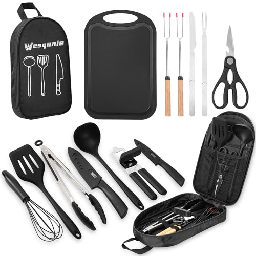 Wesqunie Camping Cooking Utensils Set, Cookware Set for Outdoor Hiking BBQ | Stainless Steel & Silicone Mess Kit, Durable Outdoor Kitchen Gear for Hiking, RV, Picnic Grill & Travel Camping Meal Prep - color: 14PCS Black