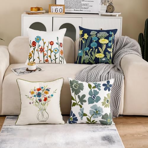 Embroidered Throw Pillow Covers 18x18 inch Pack of 2 Blue Blossoms | Durable Fabric,Square Pillow Cover,Boho Decorative,Hidden Zipper,Aesthetic Design,Ideal Gift,Machine Washable - color: Blue Blossoms