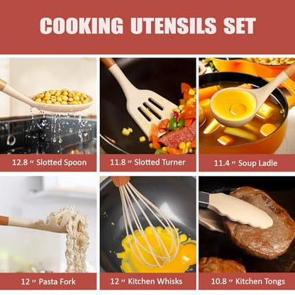 Cooking Utensils Set,18-Piece Kitchen Utensils and Knife Set,Khiki | Food-grade Silicone Utensils Heat-resistant to 410°F,5-Piece Stainless Steel Kitchen Knife with Sharpener and Cutting Board - color: Khiki