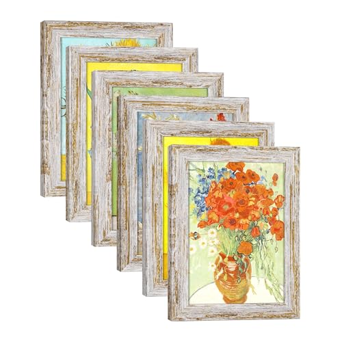 Rustic Distressed Retro Style White Photo Frame 5x7 Picture Frame Set of 6 with Real Glass for Pictures 4x6 with Mat or 5x7 Without Mat, Wall Gallery or Tabletop display - size: 5x7(set of 6)