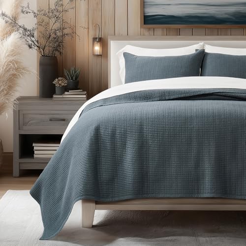 100% Cotton Modern Grid Stitch Quilt Set Queen Size Midnight Blue | Pre-Washed Cotton Coverlet Bedspread, Oversized Lightweight 3-Piece Bedding Set for All Season, with 2 Pillow Shams - color: Midnight Blue, size: Full/Queen (96" X 94")