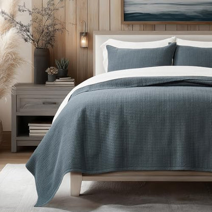 100% Cotton Modern Grid Stitch Quilt Set King Size, Midnight Blue | Pre-Washed Cotton Coverlet Bedspread, Oversized Lightweight 3-Piece Bedding Set for All Season, with 2 Pillow Shams - color: Midnight Blue, size: King (110" X 94")