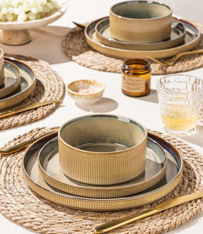 GBHOME Stoneware Dinnerware Sets for 4, 12 Pieces Plates and Bowls Set | Lightweight Ceramic Ribbed Dishes, Reactive Glaze Stackable Plate Set, Scratch Resistant, Microwave & Dishwasher Safe, Khaki - color: Sea Blue