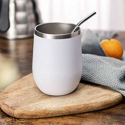 COMOOO 12oz Wine Tumbler with Lid and Straw, Stainless Steel Stemless Wine Glass, Double Wall Vacuum Insulated Wine Tumbler Cup, Cocktails,Beer,Champaign, White, 8 Pack - color: White