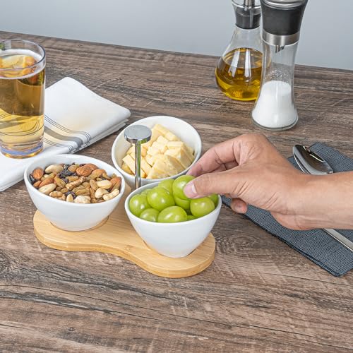 Restaurantware-15 Ounce Bowl Set with Tray - 1 Dishwashable Serving Set, Includes 3 Porcelain Bowls And 1 Bamboo Tray, Durable, White Porcelain And Bamboo Bowl And Platter Kit, Reusable, Freezable - size: Triple set, style: Incline
