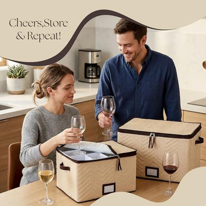 Wine Glass Storage Box with Dividers, Holds 12 Glasses up to 3.75" Wide | 2 Pack, Stemware Storage Case, Protects Fine China, Durable Quilted Microfiber, Carry Handles, Ideal for White Wine - size: Red & White Wine, style: 2 Pack
