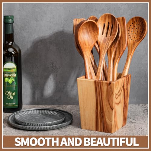 Gudamaye 13 inch Long Wooden Spoons for Cooking, 9 PCS Natural Teak Wooden Kitchen Utensil Set with Utensils Holder Made of Australia Camphor Laurel Wood，Wooden Utensils for Cooking - size: 10 PCS Long Handle with Holder