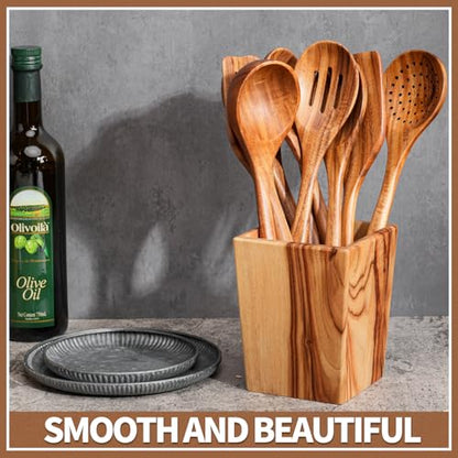 Gudamaye 13 inch Long Wooden Spoons for Cooking, 9 PCS Natural Teak Wooden Kitchen Utensil Set with Utensils Holder Made of Australia Camphor Laurel Wood，Wooden Utensils for Cooking - size: 10 PCS Long Handle with Holder