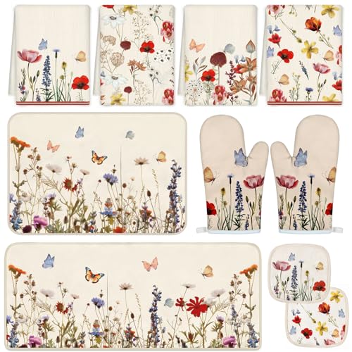 Tieshankao 10Pcs Wildflower Kitchen Decor Accessories Set | Vintage Wildflower Floral Theme, Kitchen Towels, Oven Mitts, Pot Holders, Rugs and Mats, Baking Supplies, Housewarming Gifts - color: Vintage White
