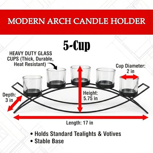 Table Centerpieces for Dining Room, Tealight Candle Holder, White | Wedding Votive Candle Holders, Wrought Iron 5 Cup Candelabra, Long Modern Coffee Table, White, Clear Glass Cups, 17in Long - color: White, size: 5 Cup