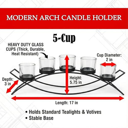 Table Centerpieces for Dining Room, Tealight Candle Holder, White | Wedding Votive Candle Holders, Wrought Iron 5 Cup Candelabra, Long Modern Coffee Table, White, Clear Glass Cups, 17in Long - color: White, size: 5 Cup