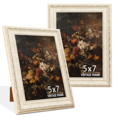 5x7 Vintage Picture Frame, Cream Ivory PS Frame with Gold Floral Beaded Details & Wood Grain Texture, Elegant Farmhouse Photo Frame with HD Acrylic Glass for Tabletop or Wall Display, 2 Pack - color: Cream Ivory, size: 5x7 - 2 Pack