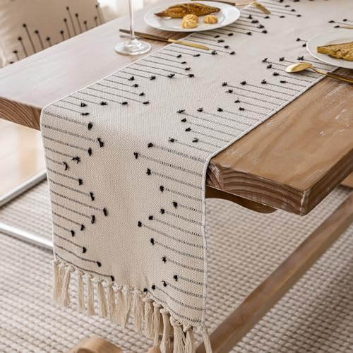 Joyfol Day Boho Table Runner, Farmhouse Stripe Cotton Table Runners with Tassels for Home Dining Table Decor, Rustic Natural Woven Dresser Scarf (Beige&Black,13 x 36 Inch) - size: 13 X 36 INCH