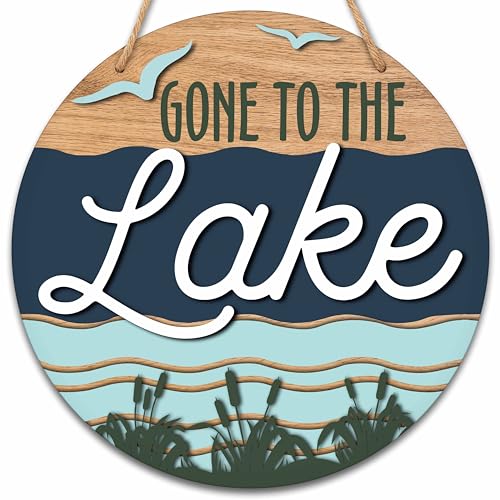 Lake Themed Wooden Signs Wall Decor, Lake House Outdoor Decor, Gone To The Lake Round Hanging Sign With Rope, Rustic Lake Decor For Farmhouse Home Front Door Porch, A01 - color: Gone to The Lake