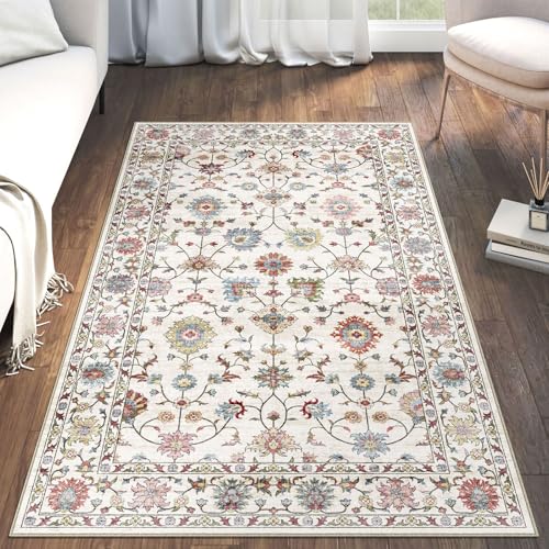 LUXRUG 3x5 Washable Area Rug - Small Entryway Rug Non-Slip Cream Colorful | Vintage Traditional Floral Kitchen Rugs Low Pile Boho Carpet Throw Rugs for Living Room Bedroom Bathroom Entrance Dorm Office - color: Cream Multi, size: 3' x 5' (Rectangular)