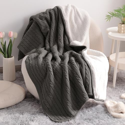 NTBAY Twin Cotton Cable Knit Sherpa Blanket, 60 x 80, Grey | Cotton Cable Knit Front with Warm Sherpa Reverse, 60 x 80 Inch Twin Blanket for Bed, Sofa, and Cold-Weather Layering - color: Grey