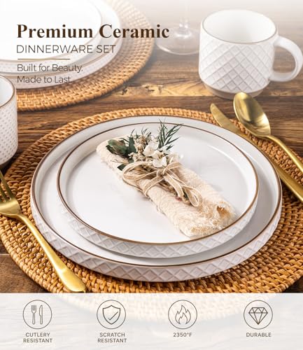GBHOME Stoneware Dinnerware Set for 4, 12 piece Farmhouse Plates and Bowls | Elegant Embossed Ceramic Dish Set, Scratch Resistant, Microwave & Dishwasher Safe, Off white - color: Off white-Stackable