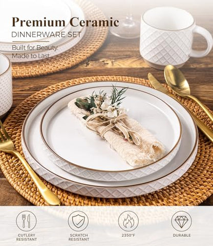 GBHOME Stoneware Dinnerware Set for 4, 12 piece Farmhouse Plates and Bowls | Elegant Embossed Ceramic Dish Set, Scratch Resistant, Microwave & Dishwasher Safe, Off white - color: Off white-Stackable