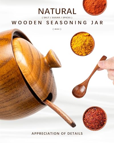 Jujube Wood Salt Cellar, 6 oz Box with Lid and Spoon, 3.3 Inch | Compact lidded bowl keeps salt and seasonings close at hand; the matching spoon rests neatly inside for cleaner serving.