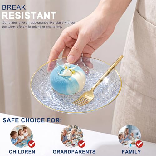 Rubtlamp 200 Pcs Blue Dessert Plates, 6 Inch Gold Rim Hammered Appetizer Plates WIth Gold Dessert Fokrs, Small Fancy Salad Plates Include 100 Cake Plate 100pcs 6inch Forks for Party Bridal Teatime - color: Blue gold