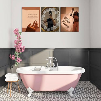 Yudinbin Black Girl Wall Art Set of 3, African American Woman 16x24 Framed | Fashion Abstract Black Woman Canvas Prints Add Bold Modern Style to Living Rooms, Bedrooms, Offices, and Gallery Walls - color: black woman canvas, size: 24L" x 16W"