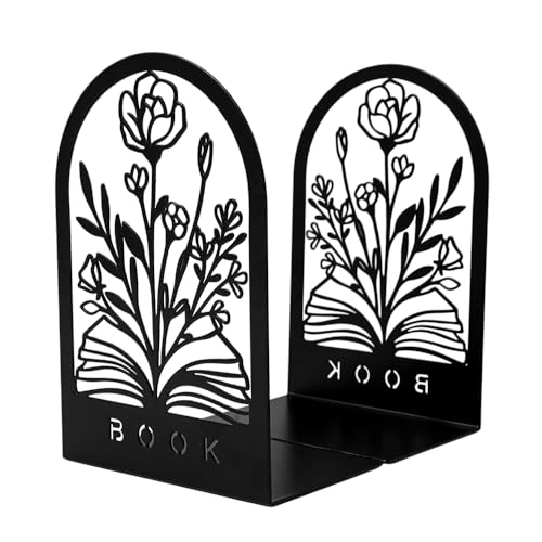 Flower‑in‑Book Book Ends, Heavy Duty Metal Bookends for Shelves | Non Skid Metal Book Divider Decorative Holder, Abstract Art Desgin Book Stopper Supports for Office, Home - color: Flower Book