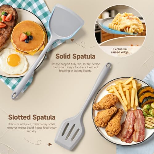 2-Pack Silicone Spatula Set, Heat Resistant Spatulas for Baking & Mixing, BPA-Free Solid & Slotted Turner for Non-Stick Pans, Kitchen Utensils for Scraping, Sauteing and Flipping (Light Gray) - color: Light Gray