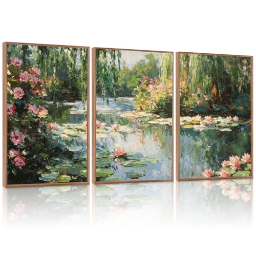 LHIUEM Monet Water Lilies Floral Framed Canvas Wall Art Set,Vintage Impressionist Botanical Wall Decor,Oil Paintings Style Flowers Artwork for Living Room,Bedroom,Dining Room,Office -16"x24"x3 - color: Monet Water Lilies Floral Wall Art, size: 16''x24''x3