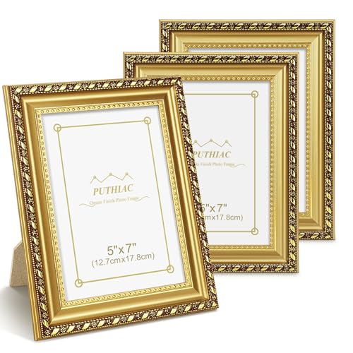 5x7 Gold Picture Frame Set of 3, Vintage Ornate Decorative Photo Frames, Tabletop or Wall Display, Acrylic Front, Antique Gold - color: Antique Gold 3P, size: 5x7