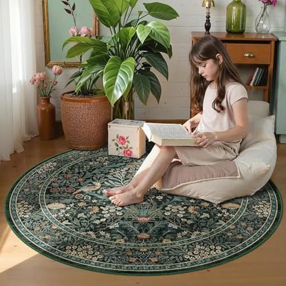 4ft Washable Area Rug Round Non-Slip Carpet for Bedroom Green Blue - color: Dark Green (Larger Pattern), size: 4' (Round)