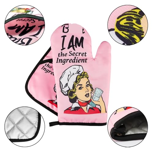 Funny Oven Mitts and Pot Holders Sets Cooking BBQ Non-Slip Quilting Grill Mitts Heat Resistant Housewarming Gifts I Am The Secret Ingredient - color: Pink